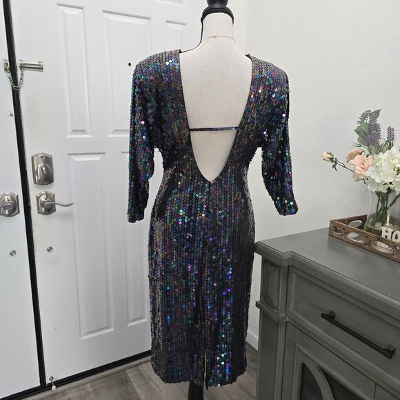 Oleg Cassini Vintage Sequin Dress Sz 8 Iridescent Open Back Cocktail Party Glam - Picture 4 of 10